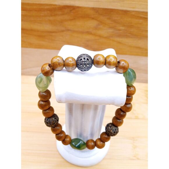 Vintage Jewelry - Moss Green Glass Beads, Metal Filigree Globes and Wooden Beads Vintage Bracelet